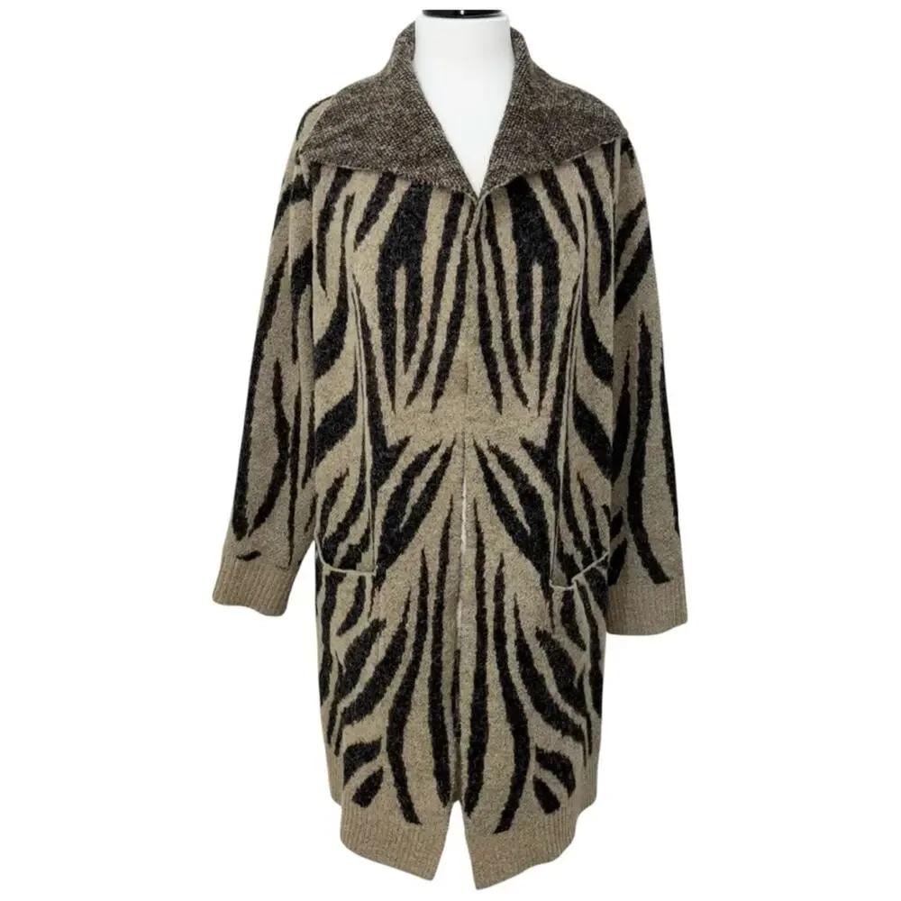 Cyrus Black and Tan Open Front Zebra Print Cardigan Size Large EUC